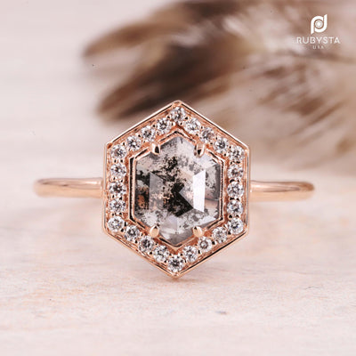 14k Salt and Pepper diamond Ring | Hexagon Diamond Ring - Rubysta