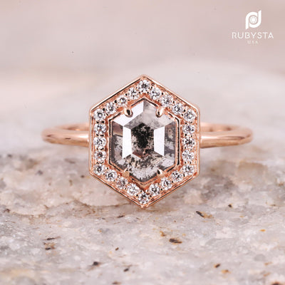 Salt and Pepper diamond Ring | Hexagon Diamond Ring | Engagement Ring - Rubysta