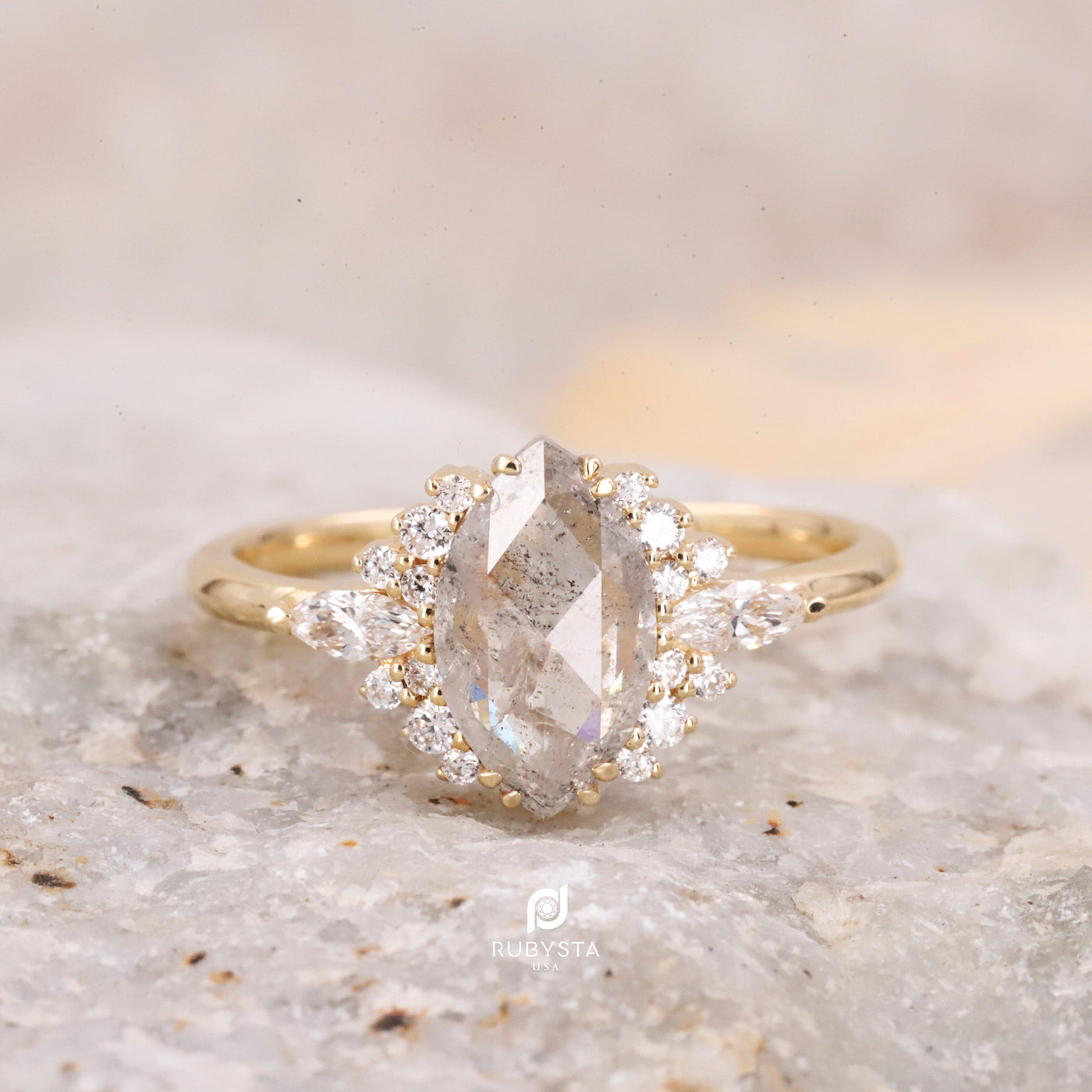 Milky Salt and Pepper diamond Ring | Marquise Engagement Ring | Marquise white milky Diamond Ring - Rubysta