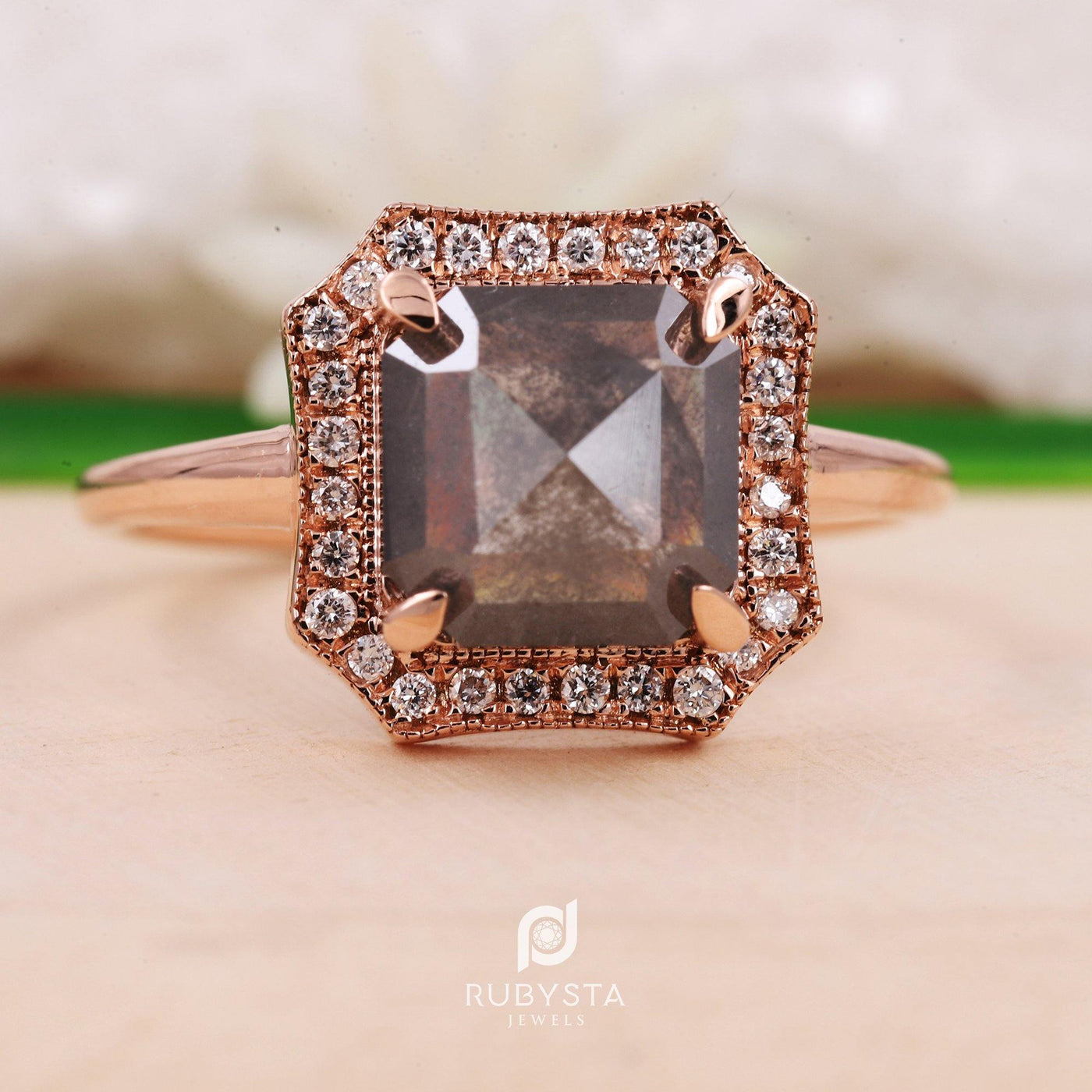 Salt and Pepper Engagement Ring | Emerald Diamond Ring | Wedding Ring | Minimalist Ring - Rubysta