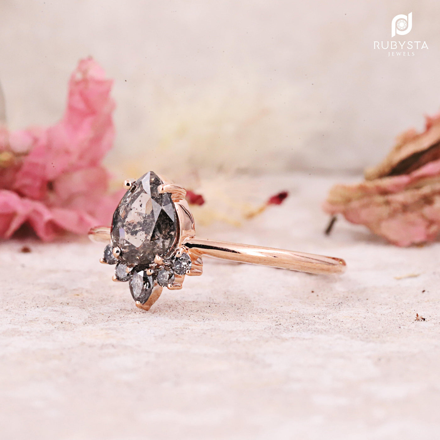 Salt and pepper diamond ring | Pear diamond ring | 14K Rose gold Ring - Rubysta