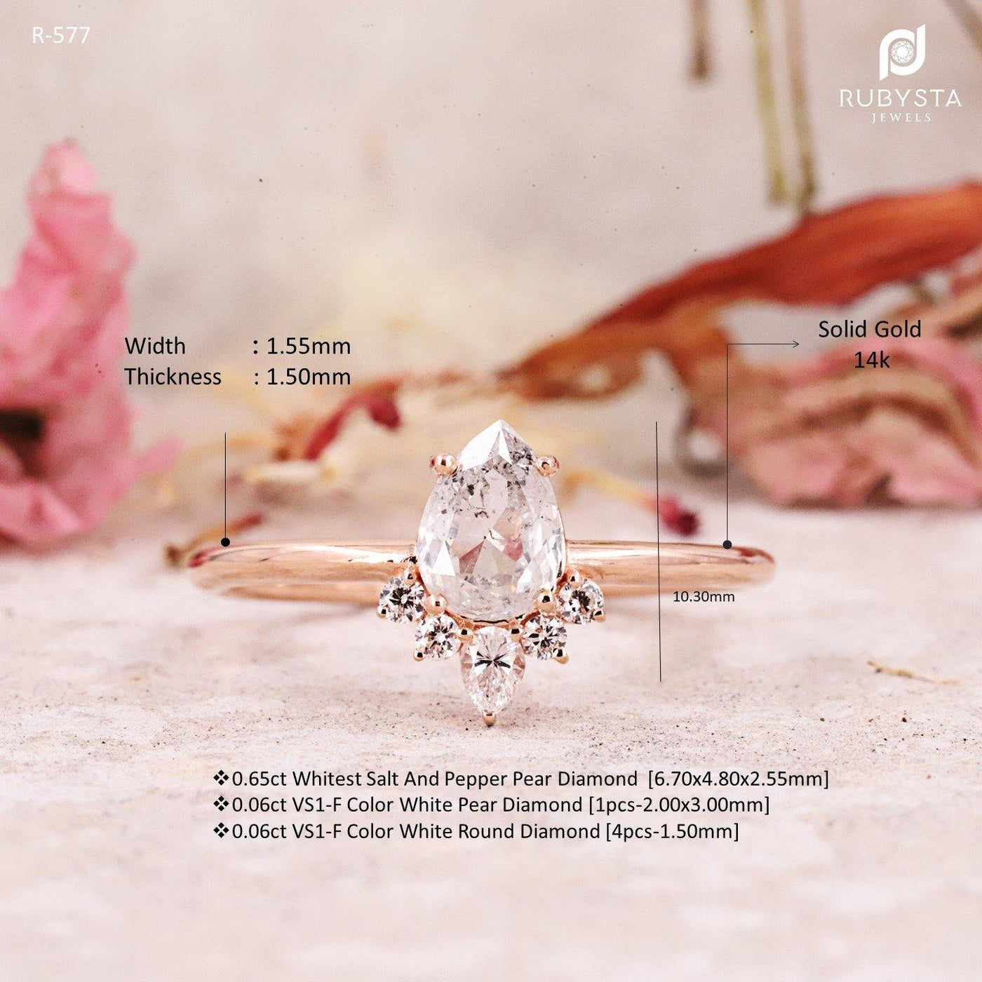 Salt and pepper diamond ring | Pear diamond ring | 14K Solid Rose gold Ring - Rubysta