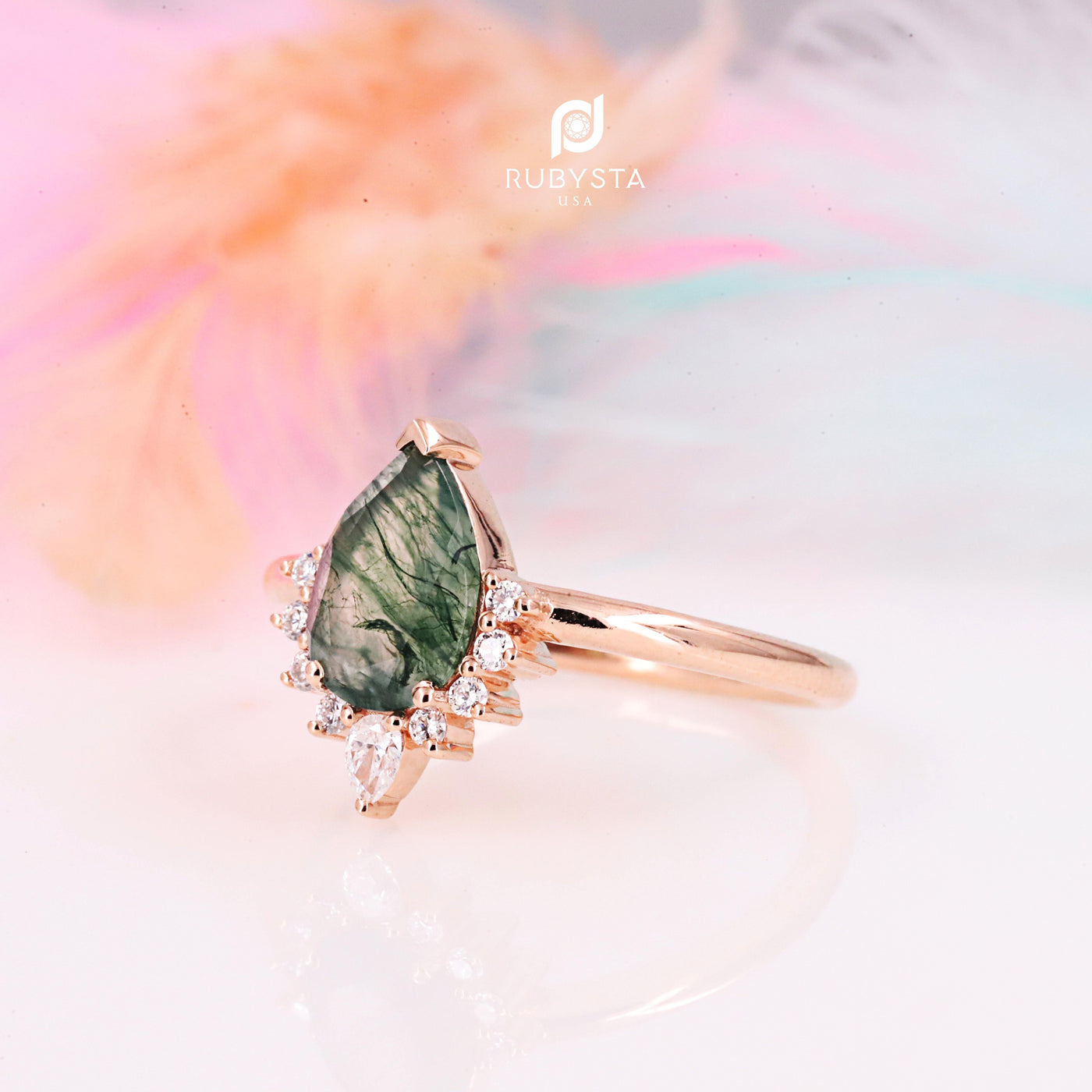 Moss Agate Ring | Pear Diamond Ring | Pear Engagement Ring | Pear Moss agate ring - Rubysta