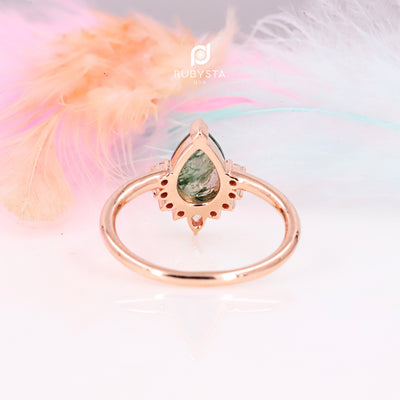 Moss Agate Ring | Pear Diamond Ring | Pear Engagement Ring | Pear Moss agate ring - Rubysta