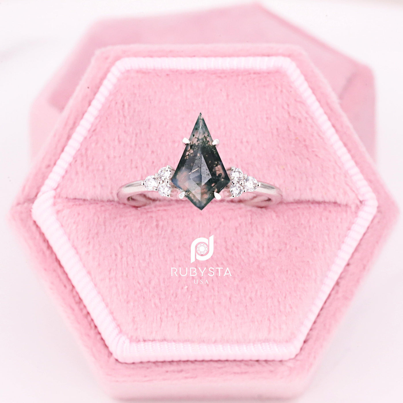 Moss Agate Ring | Kite Diamond Ring | kite Engagement Ring - Rubysta