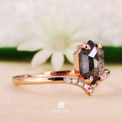 Salt and Pepper Diamond Ring| Engagement Ring | Hexagon Diamond Ring - Rubysta
