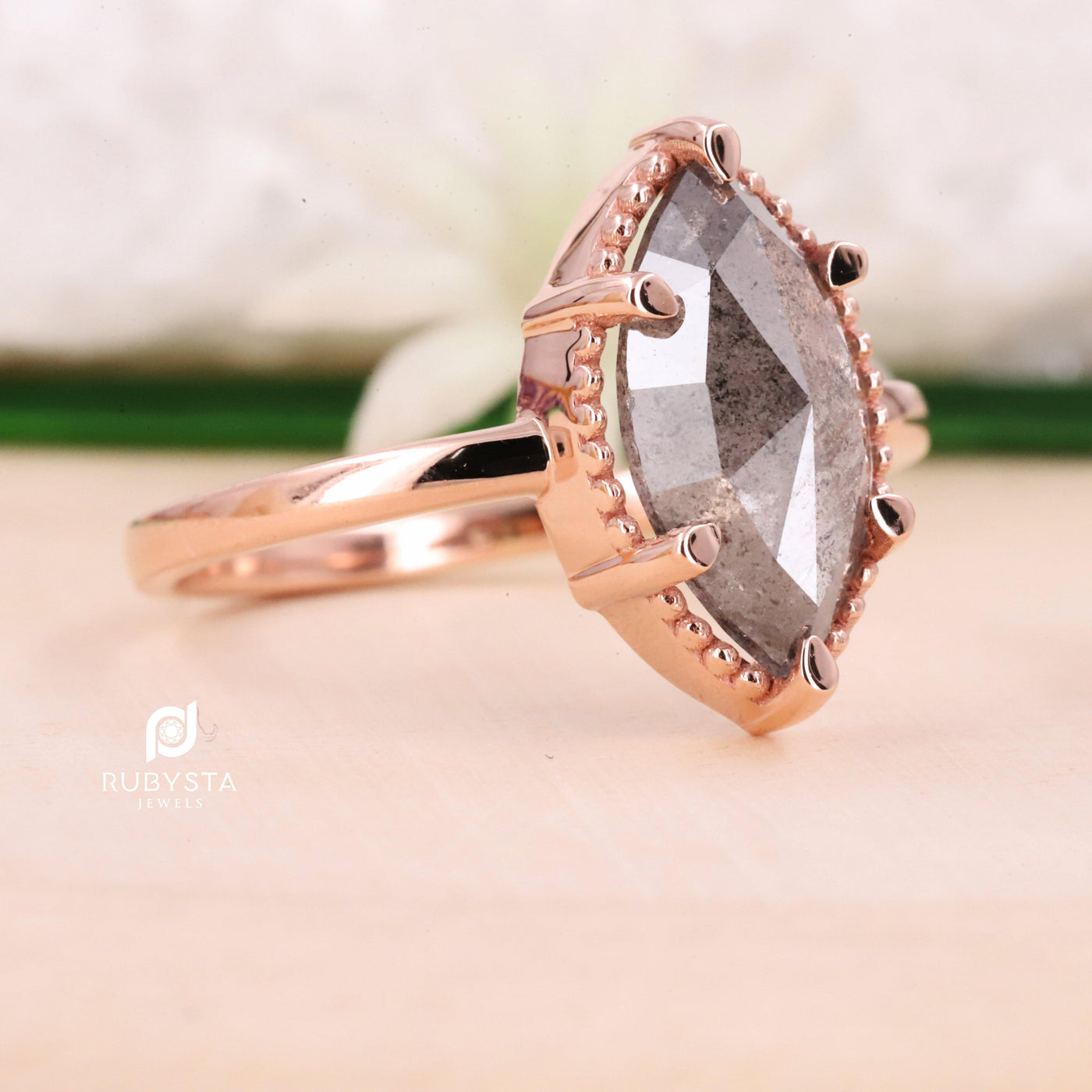 Salt and Pepper Marquise Diamond Ring | Engagement Ring | Marquise Diamond Ring - Rubysta