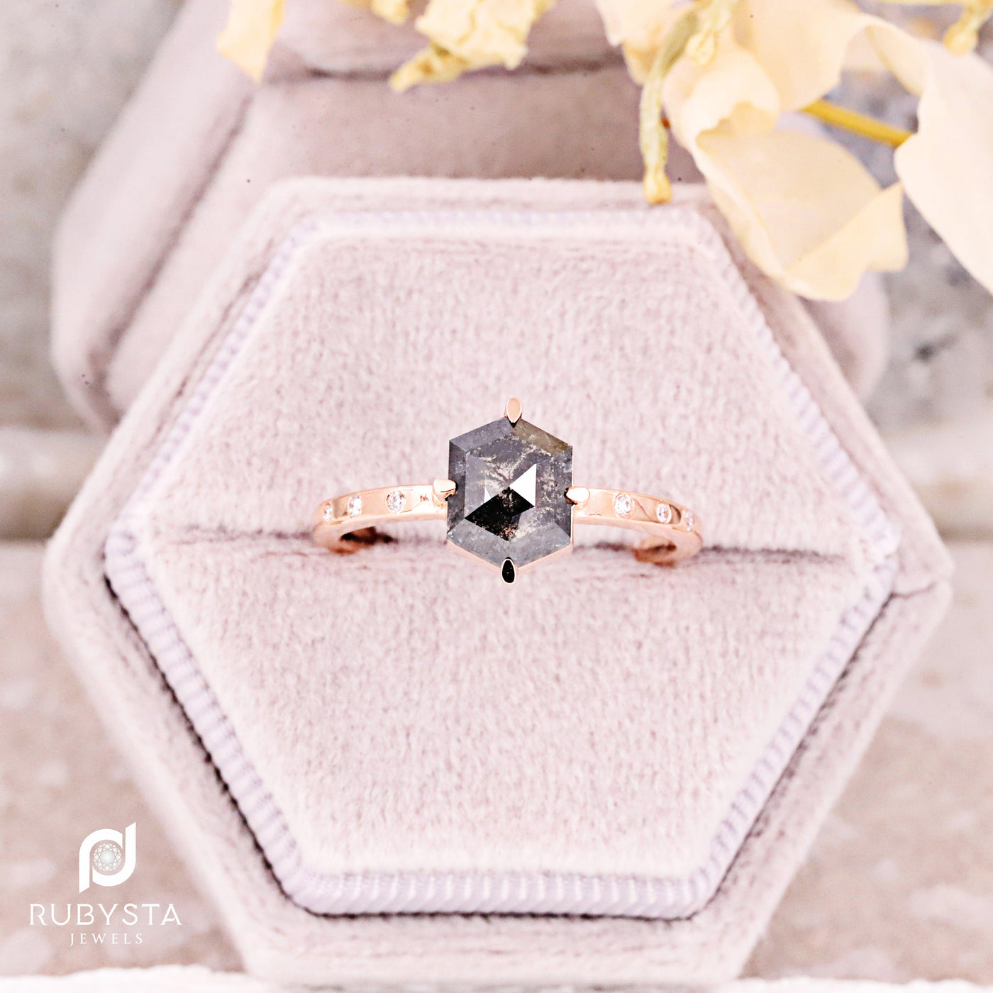 Salt and Pepper Diamond Ring | Engagement Ring | Hexagon Diamond Ring - Rubysta