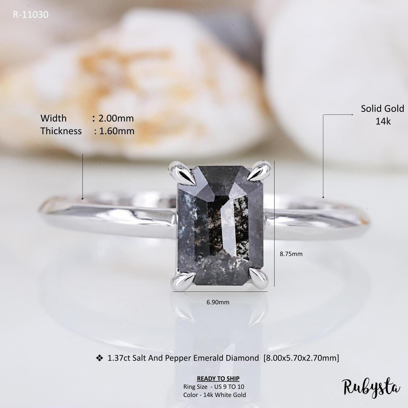 Salt and Pepper Diamond Ring  Engagement Ring Emerald Diamond Ring