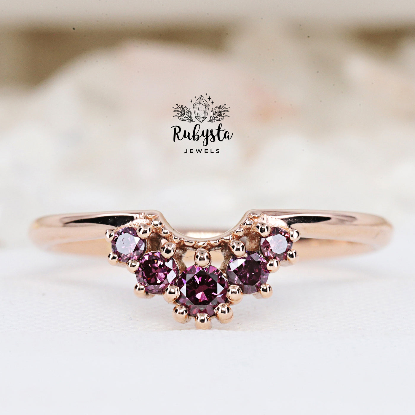 Minimalist Five Stone Diamond Ring | Round Shape Diamond Ring | Fancy Purple Diamond Ring