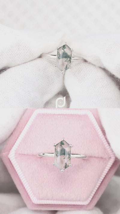 Moss Agate Ring | Hexagon Diamond Ring | Hexagon Engagement Ring