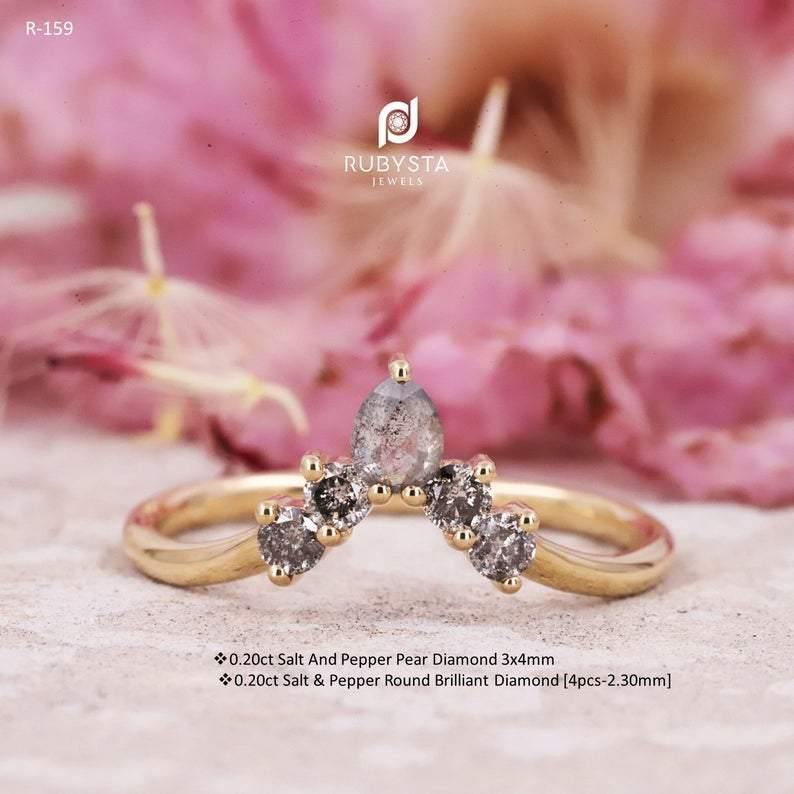 Salt and Pepper pear Diamond ring | Pear Stackable Ring | Stacking pear diamond wedding band - Rubysta
