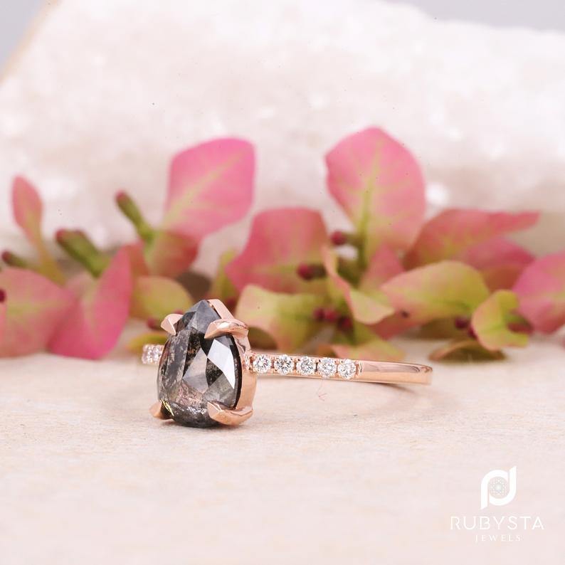 Salt and pepper diamond ring | Pear diamond ring | 14K Solid Rose gold Ring | Natural Diamond Ring - Rubysta