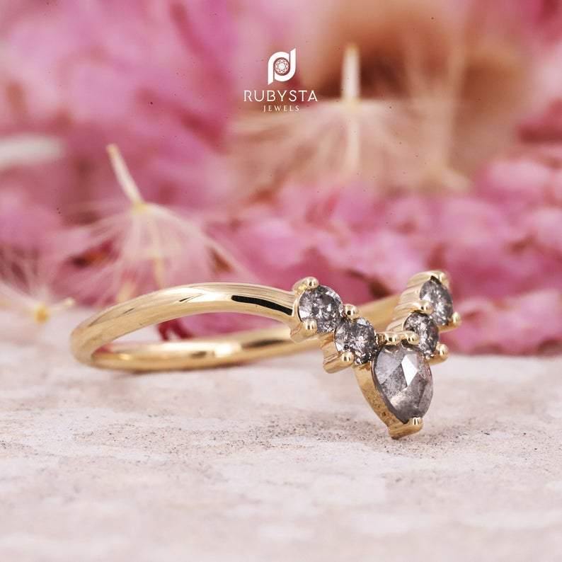 Salt and Pepper pear Diamond ring | Pear Stackable Ring | Stacking pear diamond wedding band - Rubysta