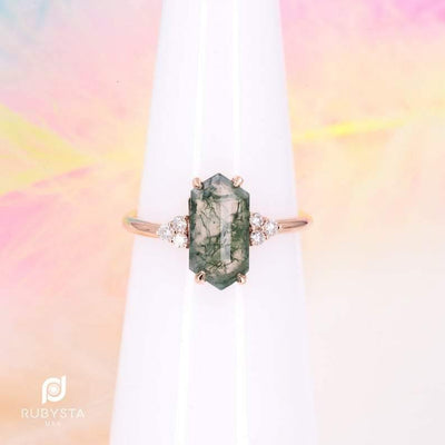 Moss Agate Ring | Hexagon Diamond Ring | Hexagon Engagement Ring - Rubysta