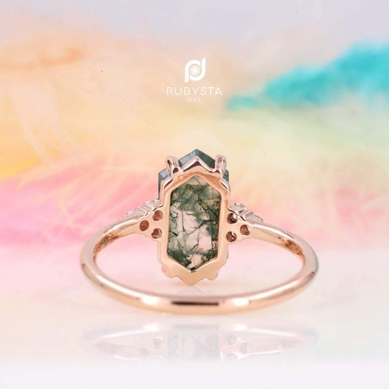 Moss Agate Ring | Hexagon Diamond Ring | Hexagon Engagement Ring - Rubysta