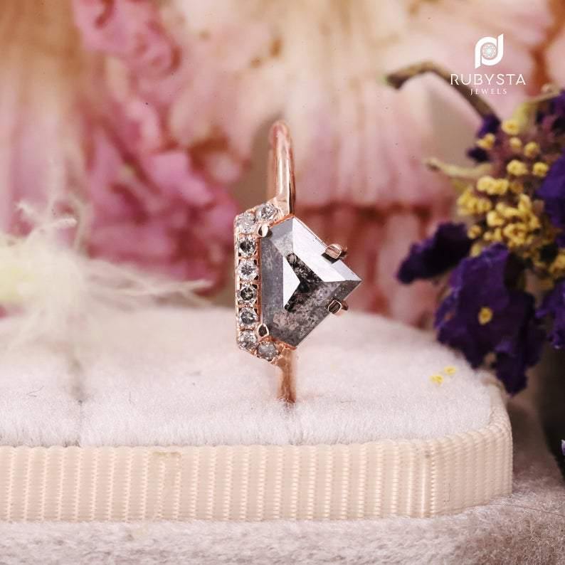 Salt and Pepper Diamond Ring | Engagement Ring | Pentagon Diamond Ring - Rubysta
