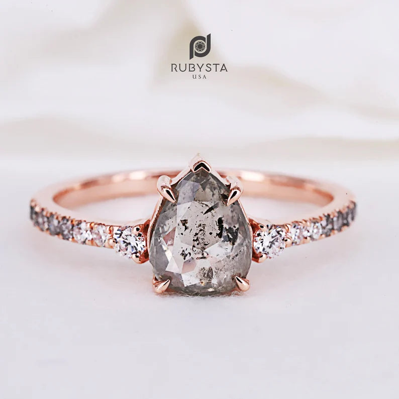 Salt and Pepper Diamond Ring | Rose Cut Pear Diamond Ring | Unique Engagement Ring | Art deco Ring