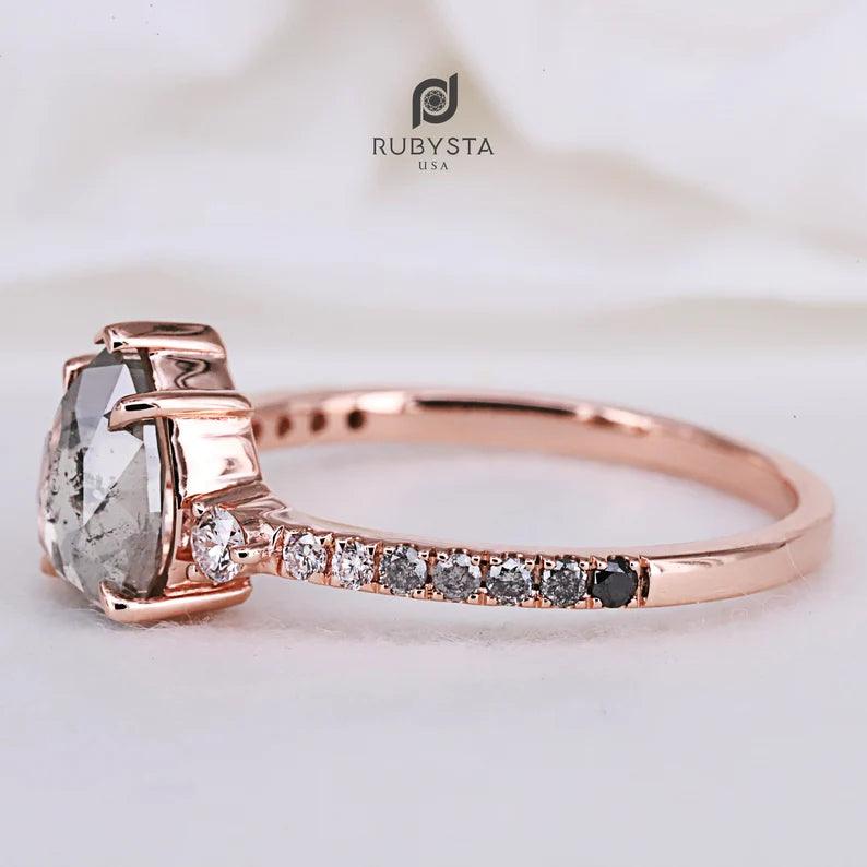 Salt and Pepper Diamond Ring | Rose Cut Pear Diamond Ring | Unique Engagement Ring | Art deco Ring - Rubysta