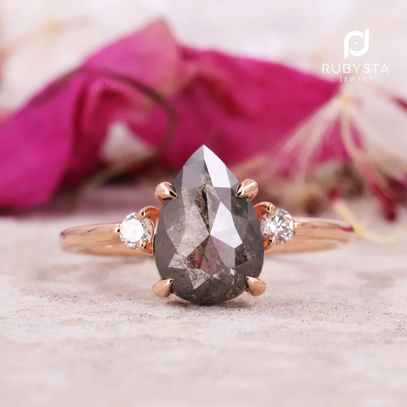 Salt and Pepper Pear Diamond Engagement Ring | Women Rose Gold ring | Art deco Wedding - Rubysta