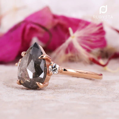 Salt and Pepper Pear Diamond Engagement Ring | Women Rose Gold ring | Art deco Wedding - Rubysta
