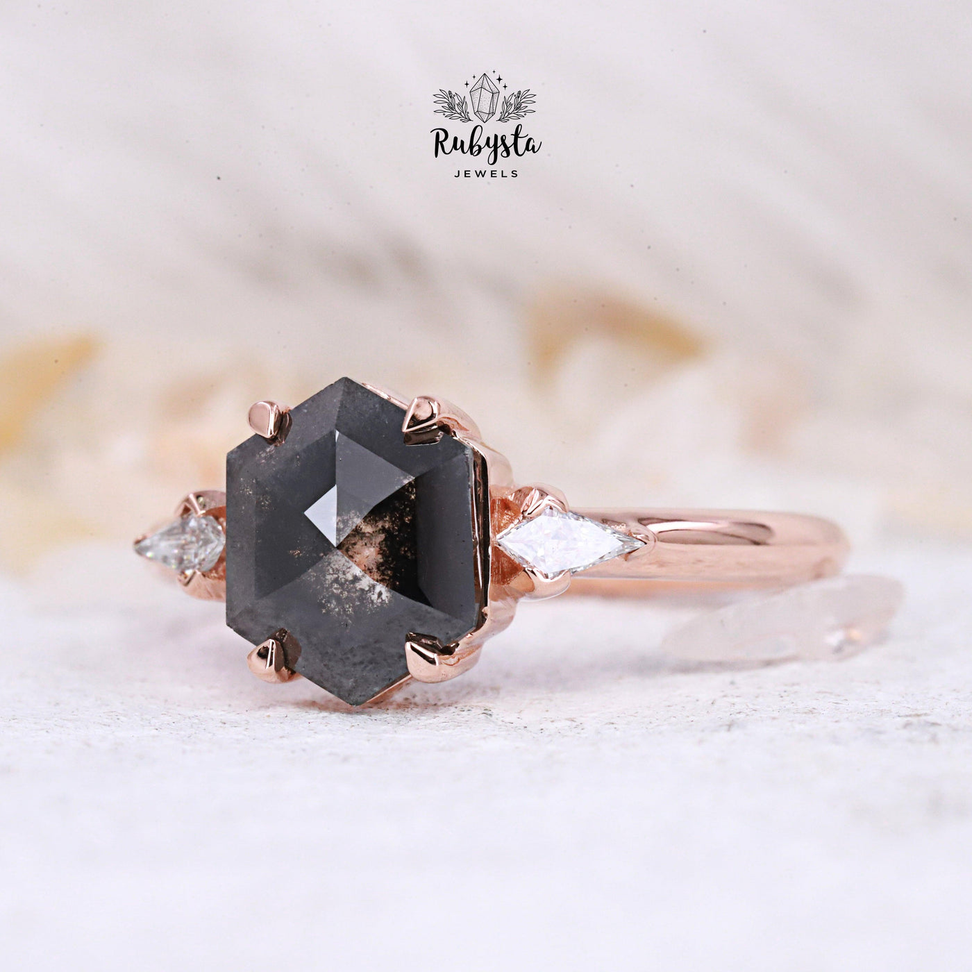 salt and pepper Hexagon diamond ring - Rubysta