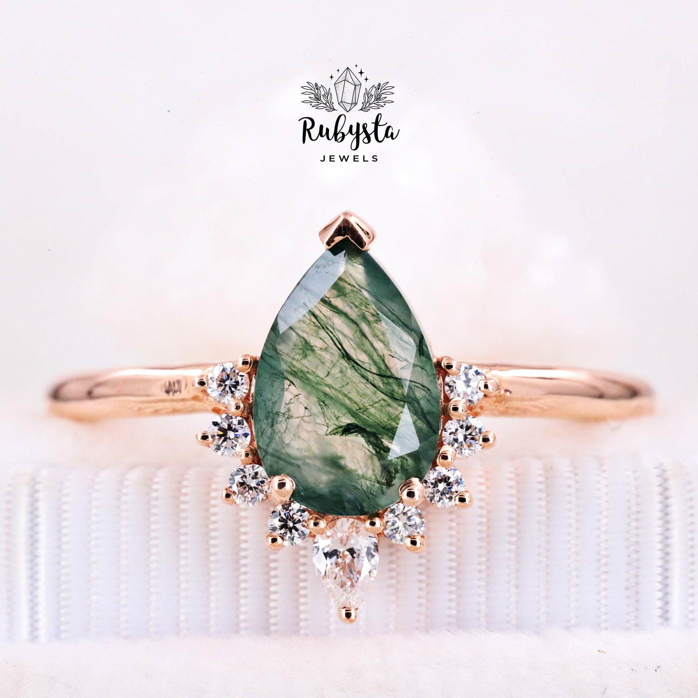 Moss Agate Ring | Pear Diamond Ring | Pear Engagement Ring | Pear Moss agate ring - Rubysta