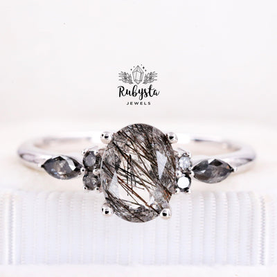 Vintage Black Rutilated Quartz Ring | Black Rutilated Quartz Engagement Ring | Oval Quartz Ring - Rubysta